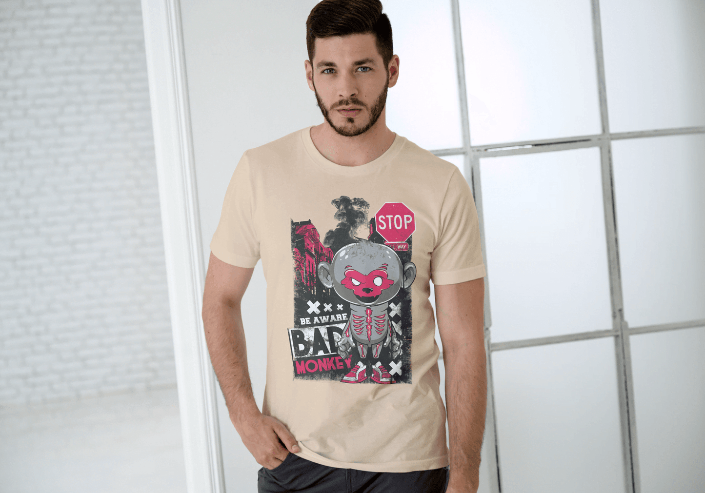 Red Mask Mischievous Monkey Tee: Be Aware Bad Monkey - Essentia Attire