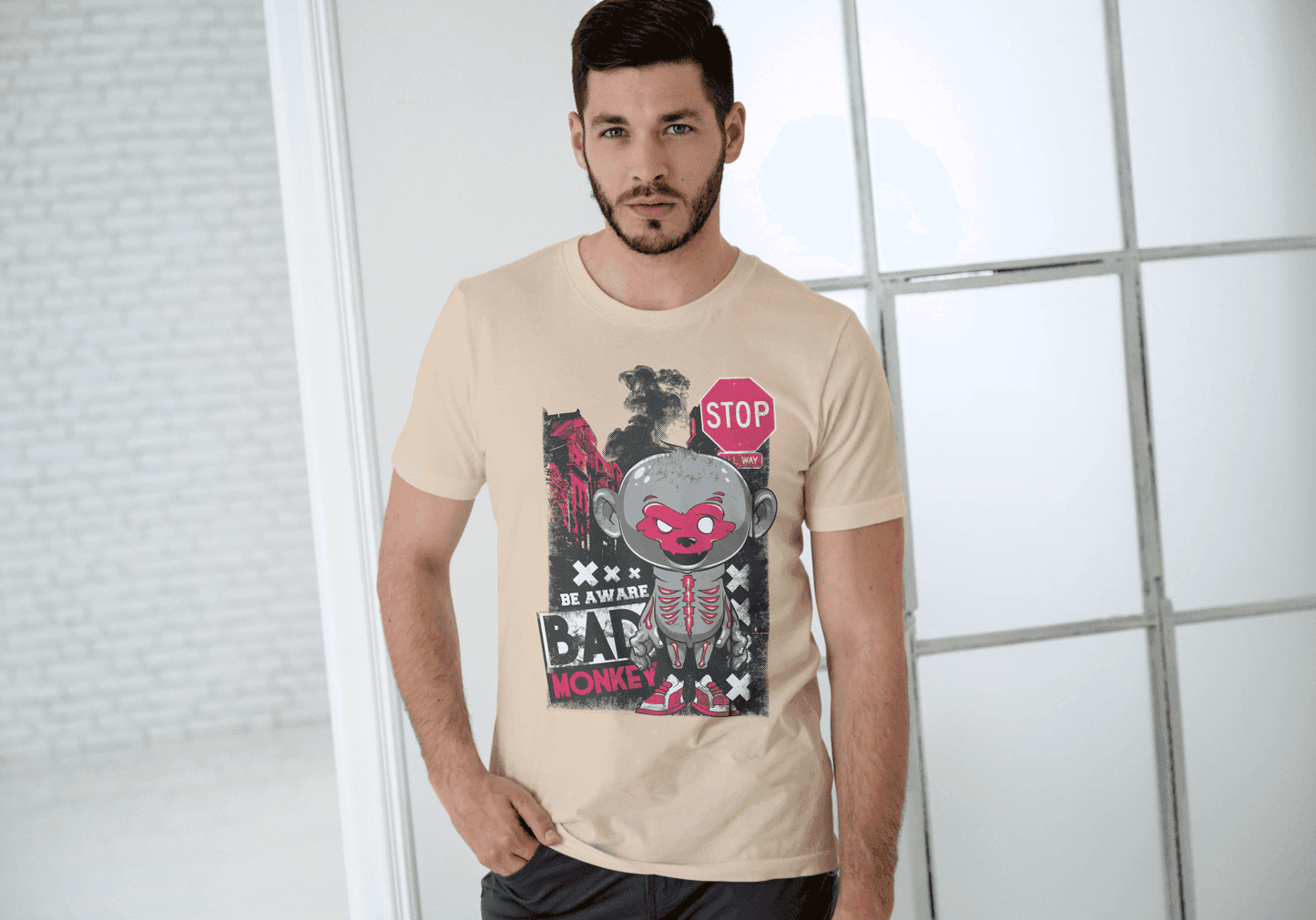 Red Mask Mischievous Monkey Tee: Be Aware Bad Monkey - Essentia Attire