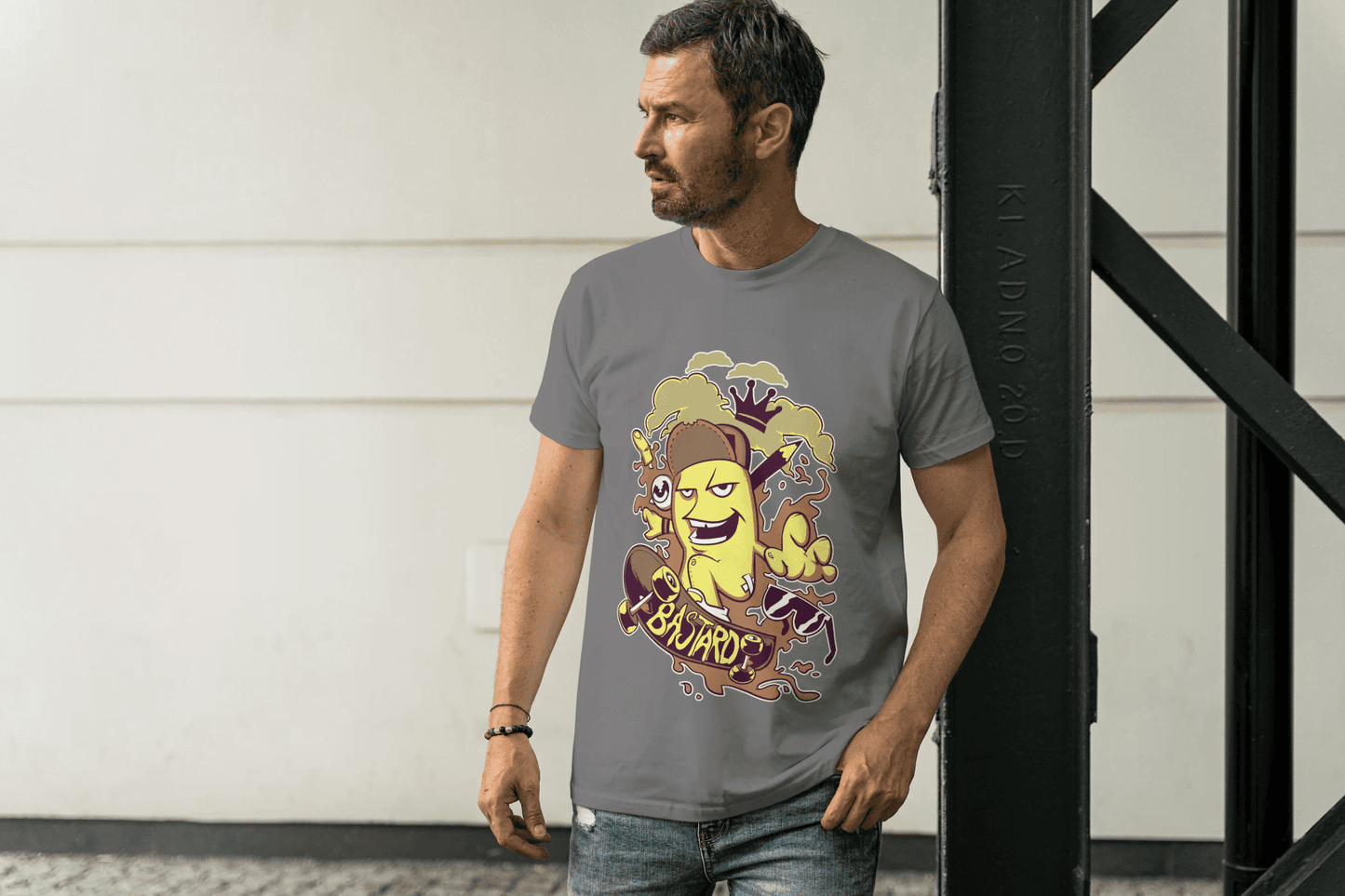 "8 Bastards" Banana Skateboarder: Humorous Fruit Character - Essentia Attire