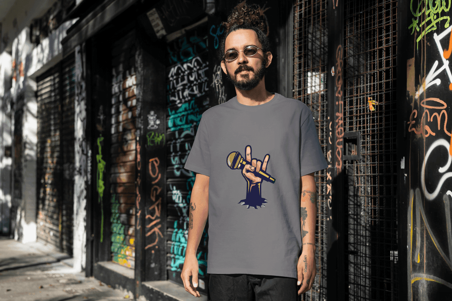 Men's Rock Hand with Mic Tee: Quirky Concert Fan Top - Essentia Attire