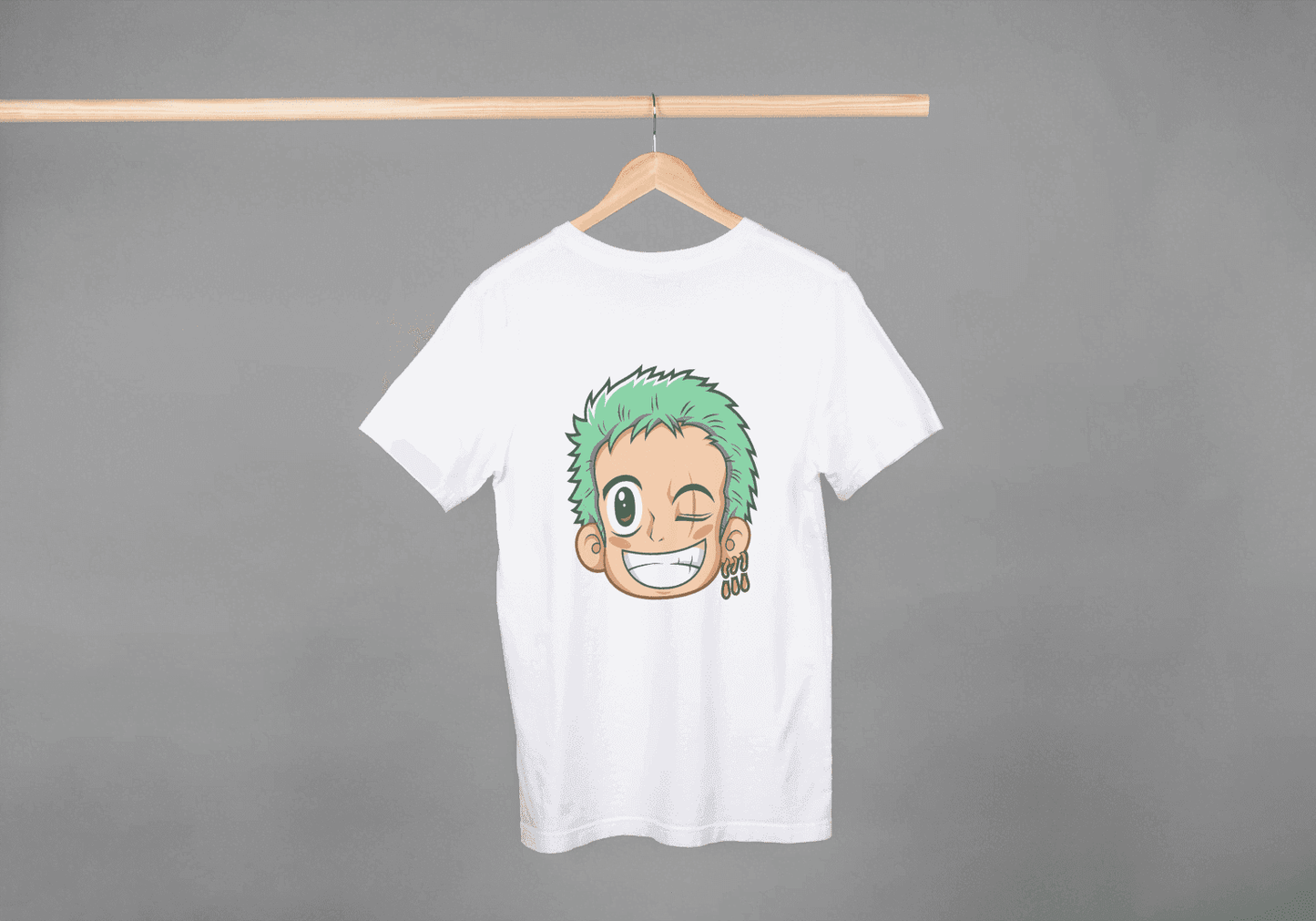 Anime Green Haired Swordsman Winking: Manga Style Fan Tee - Essentia Attire