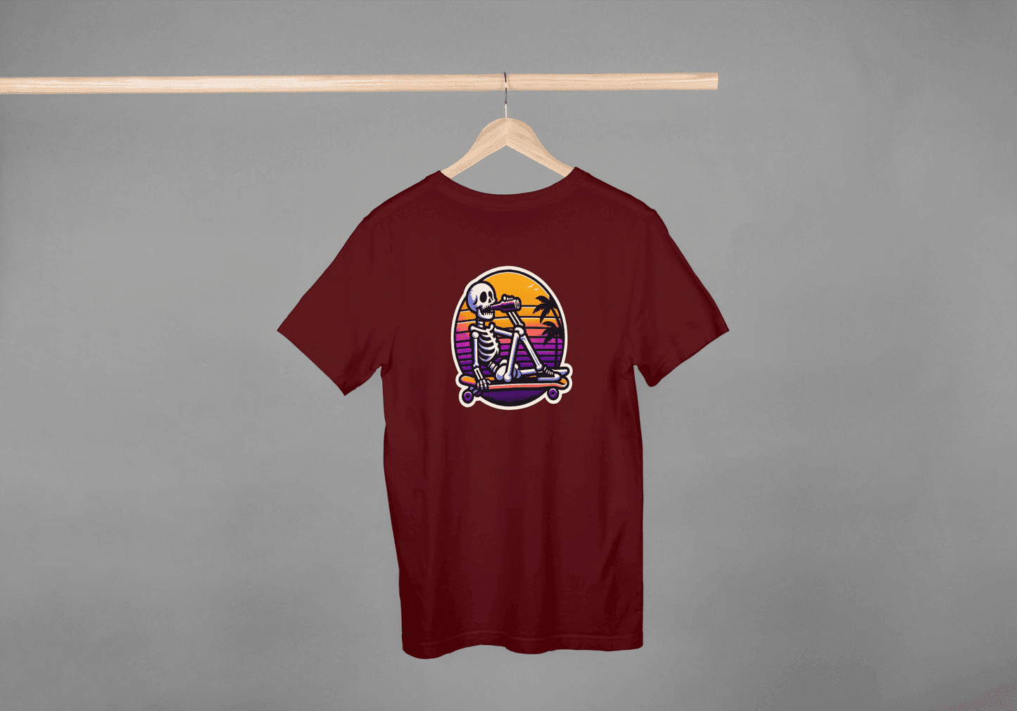 Skateboarding Skeleton Sunset: Retro Skater Skeleton Tee - Essentia Attire