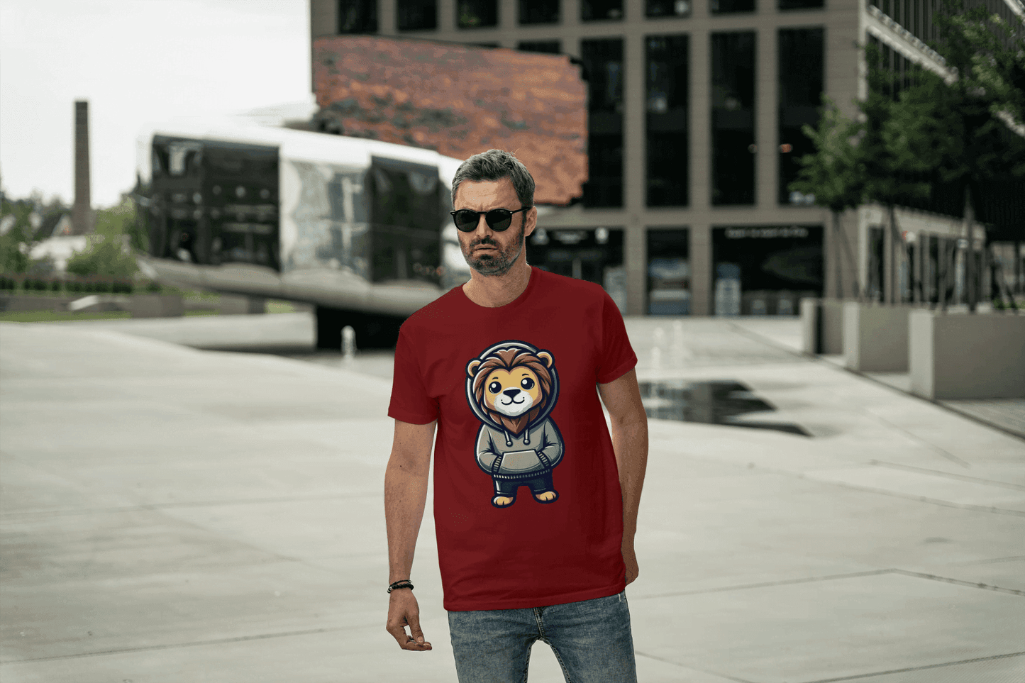 Cute Lion Wearing Hoodie: Adorable Animal Graphic Tee - Essentia Attire