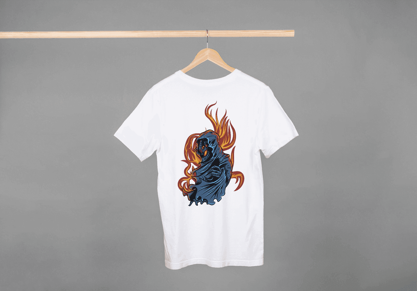 Grim Reaper Skull Flame: Mysterious Hooded Figure Tee - Essentia Attire