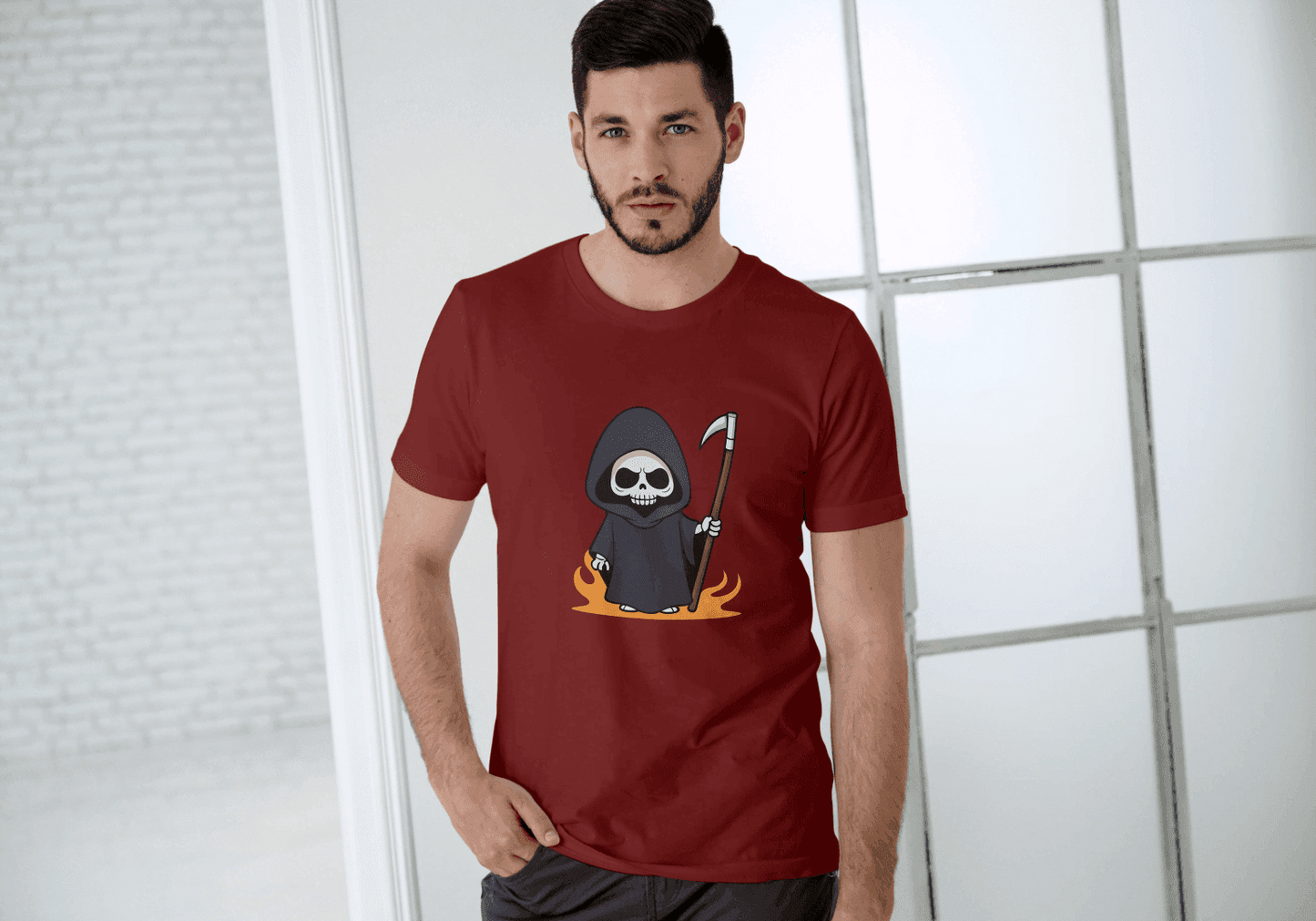 Cute Grim Reaper: Cartoon Skull Scythe Tee - Essentia Attire