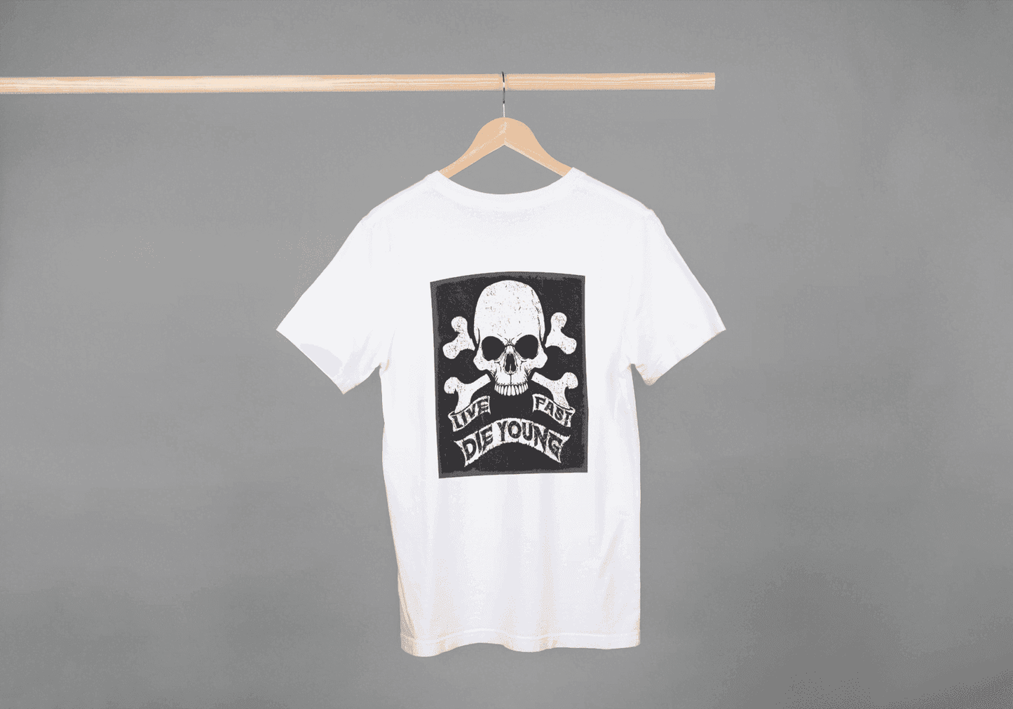 Live Fast Die Young Skull & Crossbones: Rebel Motto Tee - Essentia Attire