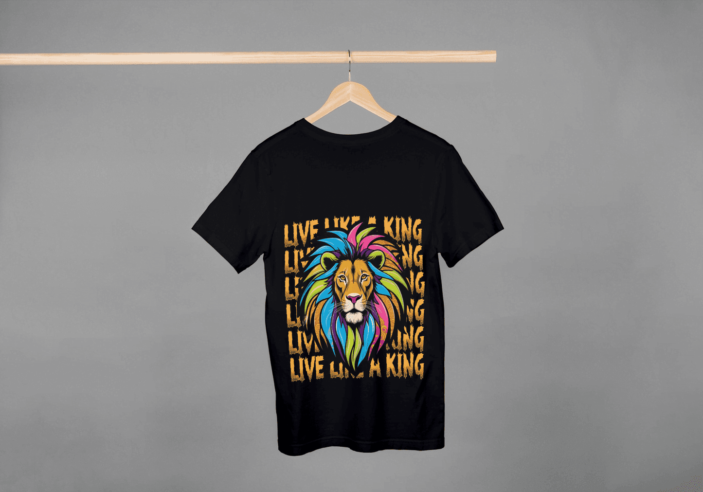 Colorful Lion Live Like A King: Vibrant Graphic Tee - Essentia Attire
