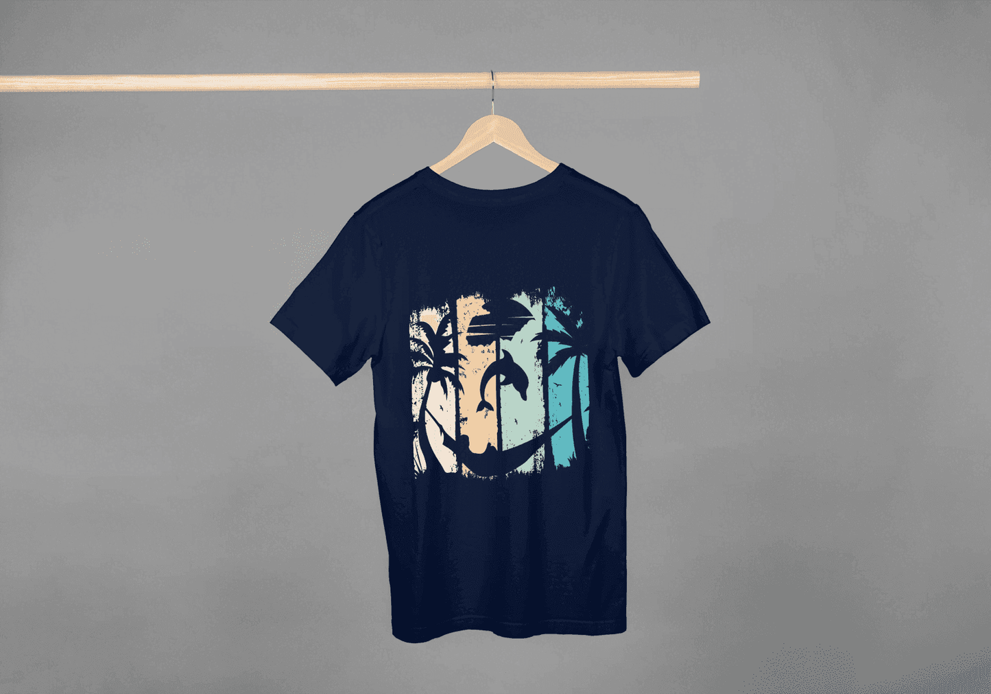Tropical Sunset Beach: Dolphin Palm Tree Graphic Tee - Essentia Attire