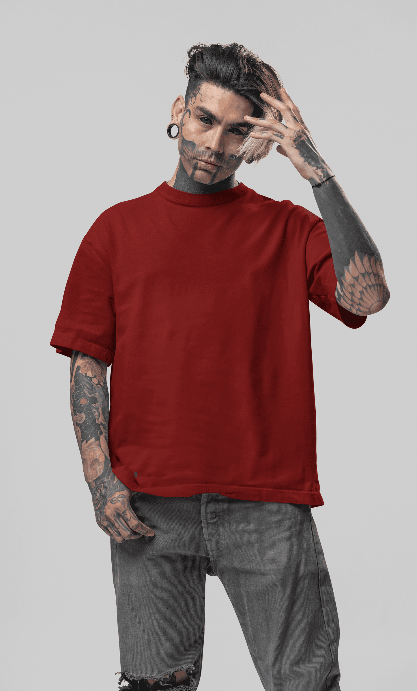 Maroon Red Oversized Plain Half-Sleeve: Unisex Drop-shoulder T-Shirt - Essentia Attire