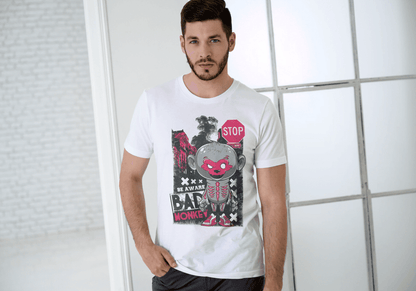 Red Mask Mischievous Monkey Tee: Be Aware Bad Monkey - Essentia Attire