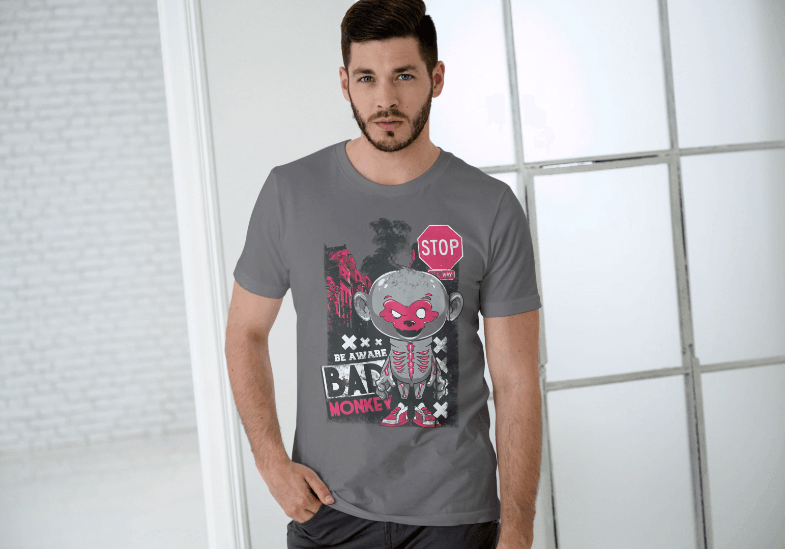 Red Mask Mischievous Monkey Tee: Be Aware Bad Monkey - Essentia Attire