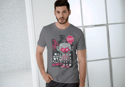 Red Mask Mischievous Monkey Tee: Be Aware Bad Monkey - Essentia Attire