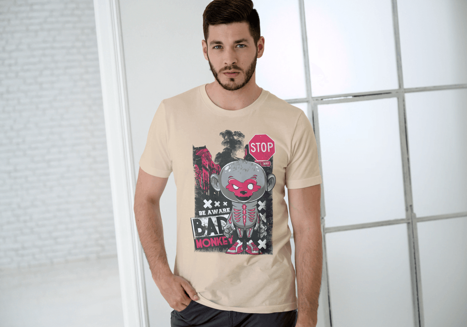 Red Mask Mischievous Monkey Tee: Be Aware Bad Monkey - Essentia Attire