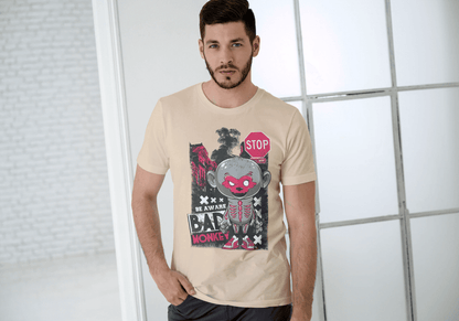 Red Mask Mischievous Monkey Tee: Be Aware Bad Monkey - Essentia Attire