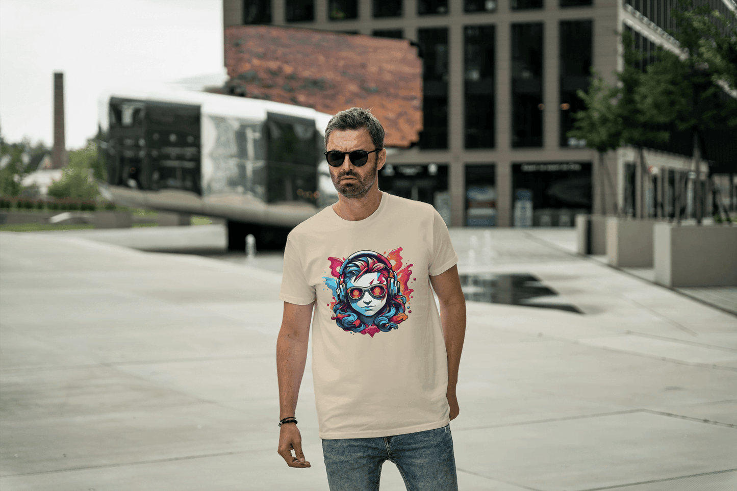 Vibrant Headphones Skull: Urban DJ Graphic Tee - Essentia Attire