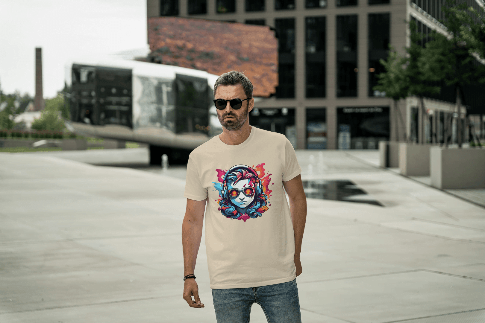 Vibrant Headphones Skull: Urban DJ Graphic Tee - Essentia Attire