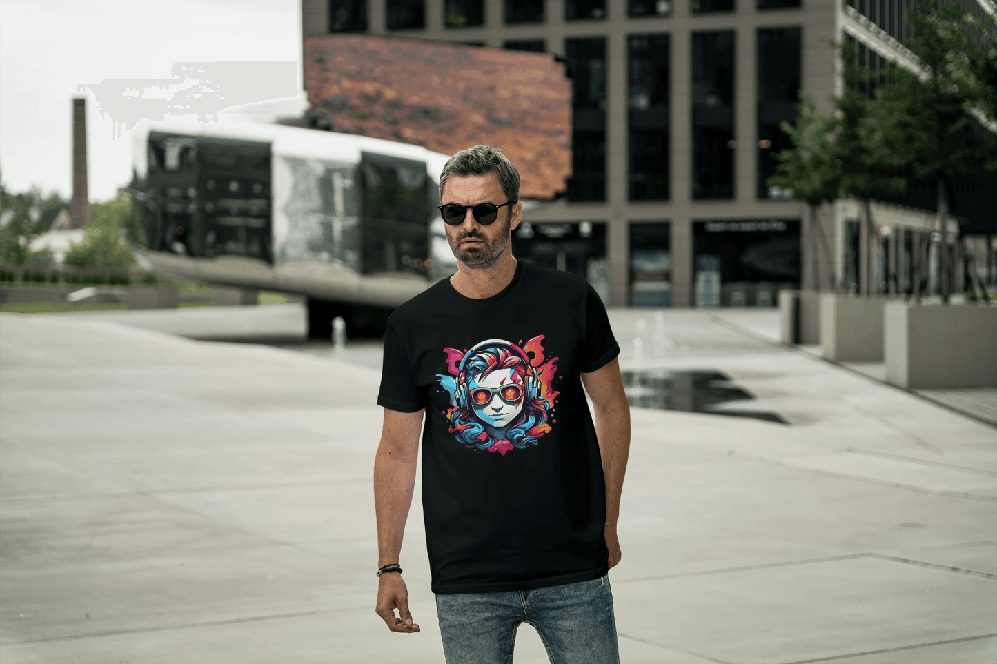 Vibrant Headphones Skull: Urban DJ Graphic Tee - Essentia Attire