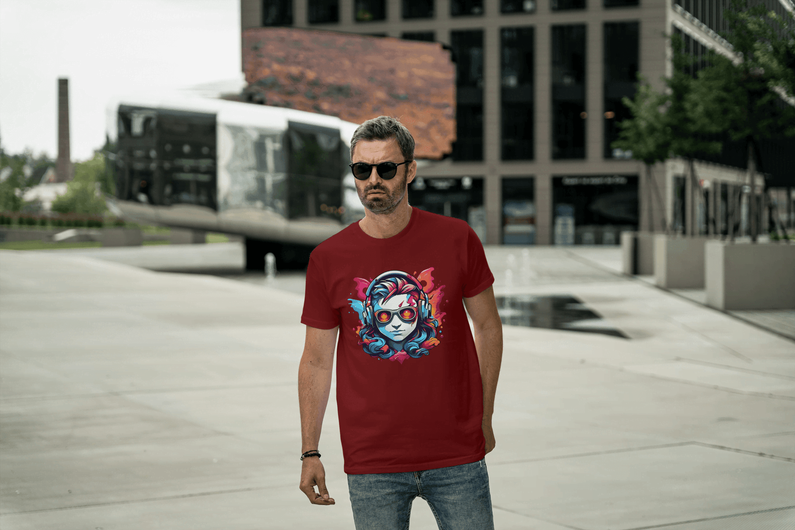 Vibrant Headphones Skull: Urban DJ Graphic Tee - Essentia Attire