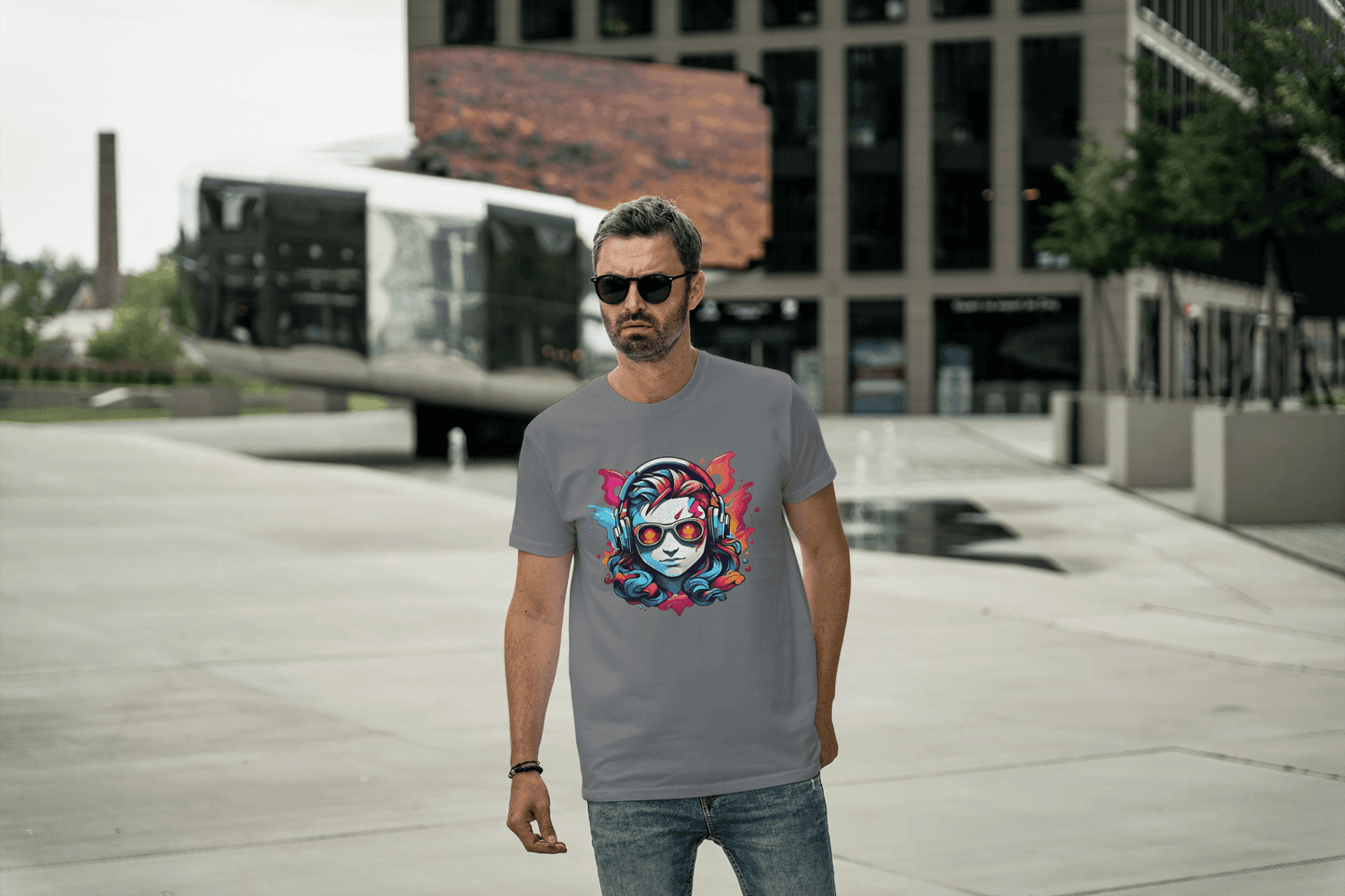 Vibrant Headphones Skull: Urban DJ Graphic Tee - Essentia Attire