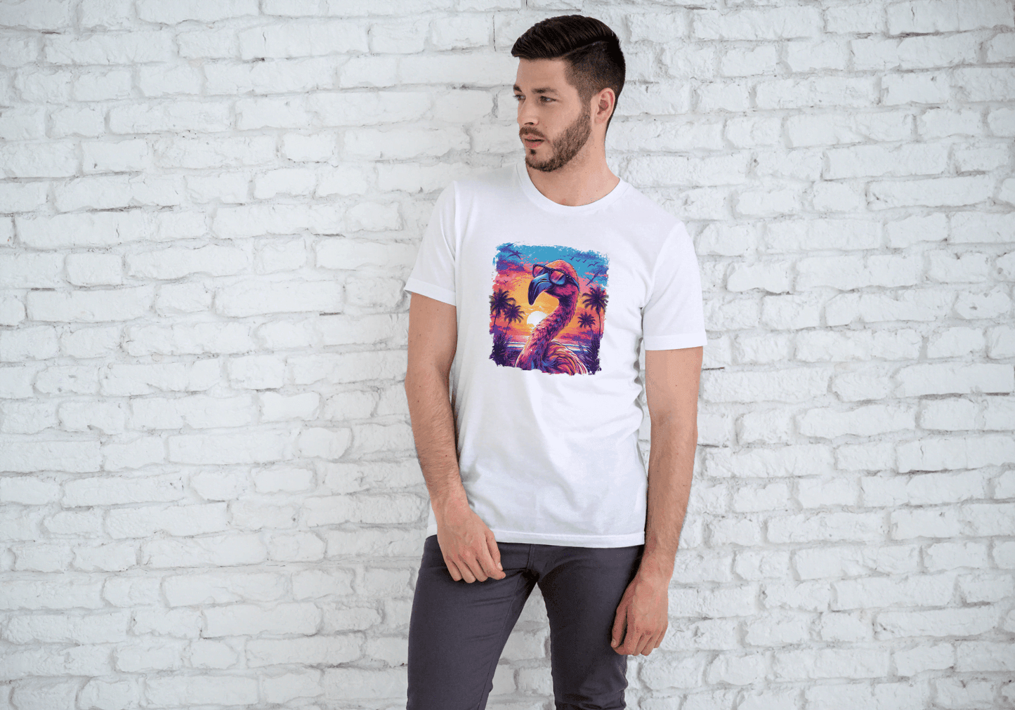 Cool Flamingo Sunset: Tropical Beach Graphic Tee - Essentia Attire
