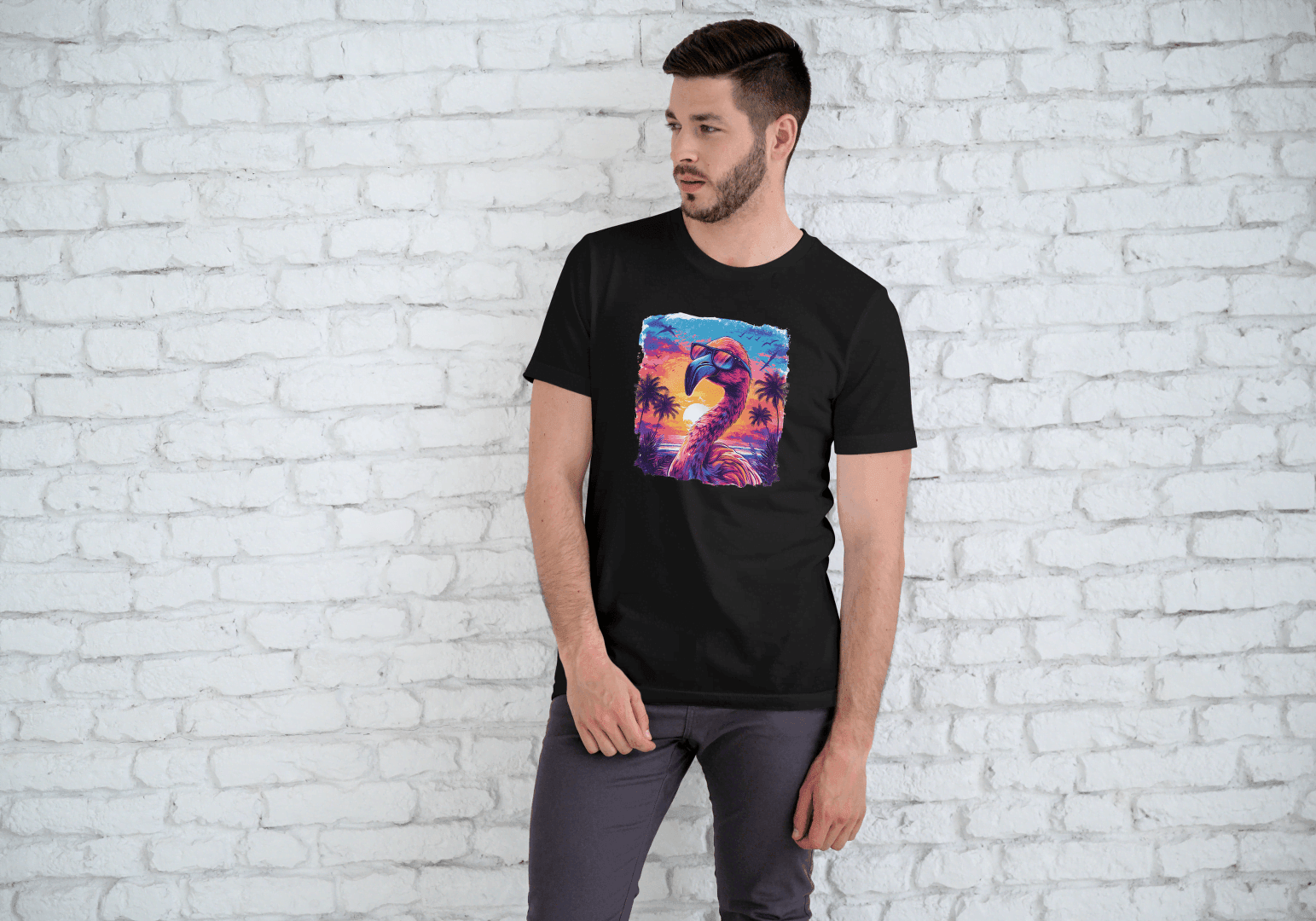 Cool Flamingo Sunset: Tropical Beach Graphic Tee - Essentia Attire