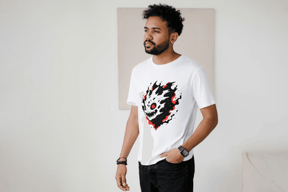 Fiery Skull Graphic: Edgy Demon Skull Tee - Essentia Attire