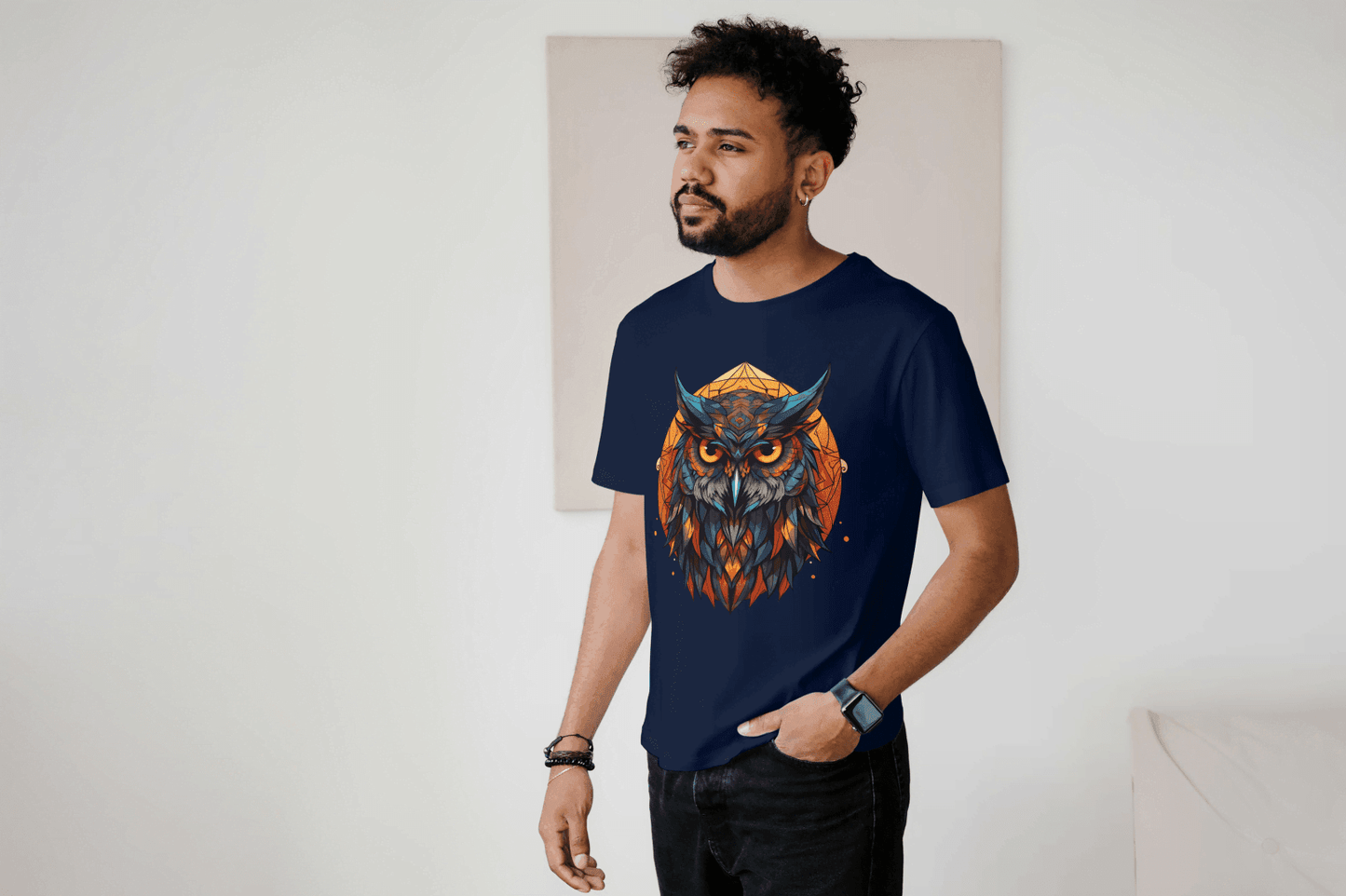 Geometric Owl: Vibrant Wisdom Graphic Tee - Essentia Attire