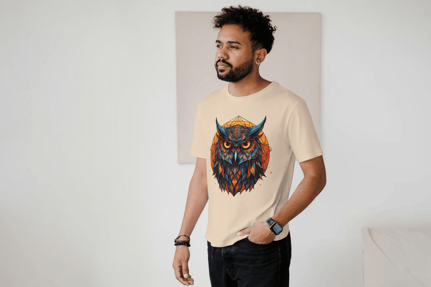 Geometric Owl: Vibrant Wisdom Graphic Tee - Essentia Attire