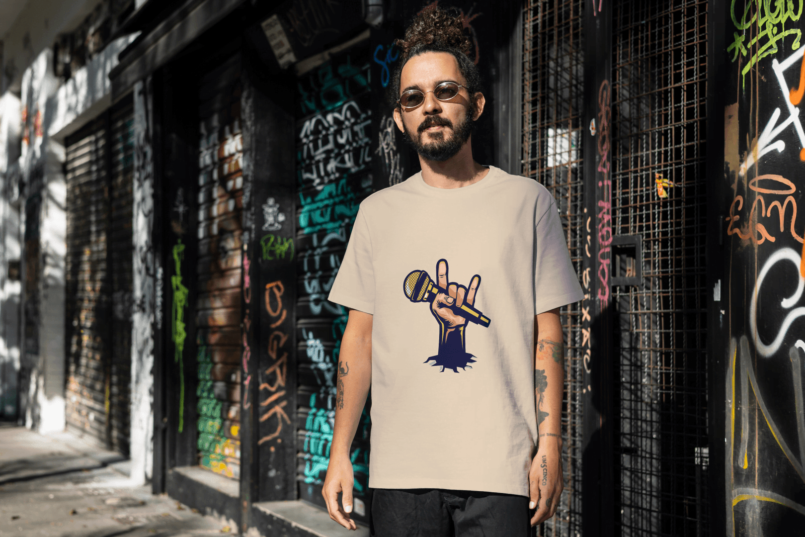Men's Rock Hand with Mic Tee: Quirky Concert Fan Top - Essentia Attire