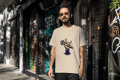 Men's Rock Hand with Mic Tee: Quirky Concert Fan Top - Essentia Attire