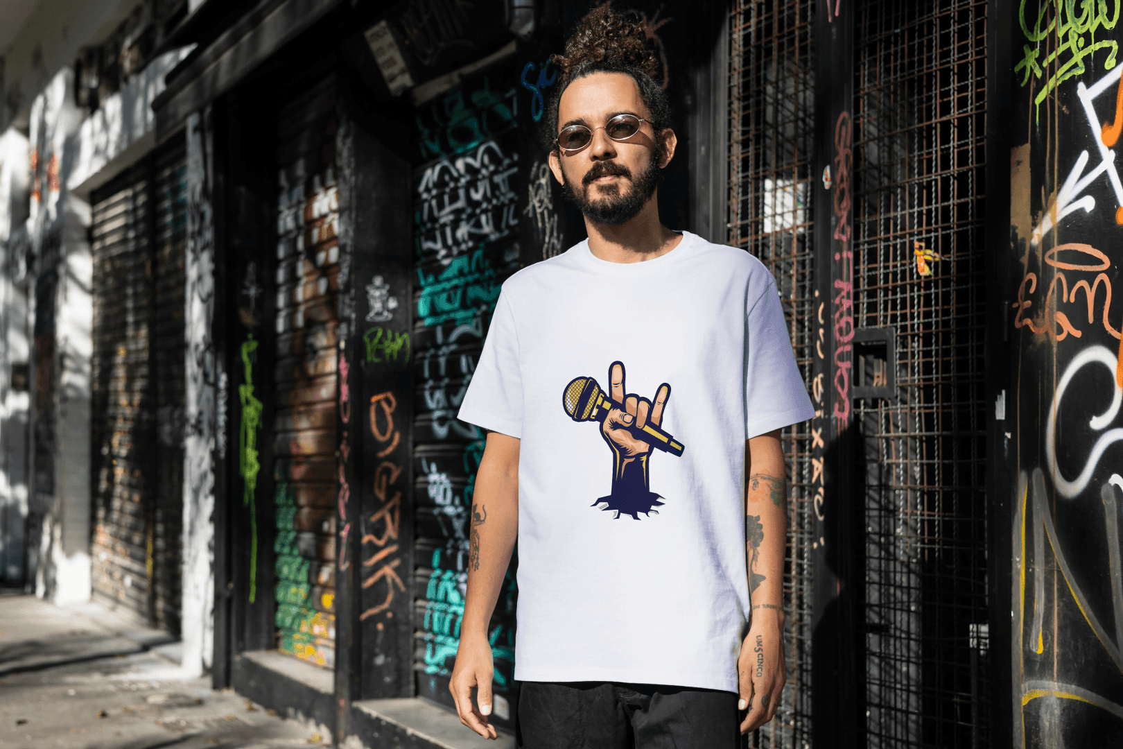 Men's Rock Hand with Mic Tee: Quirky Concert Fan Top - Essentia Attire