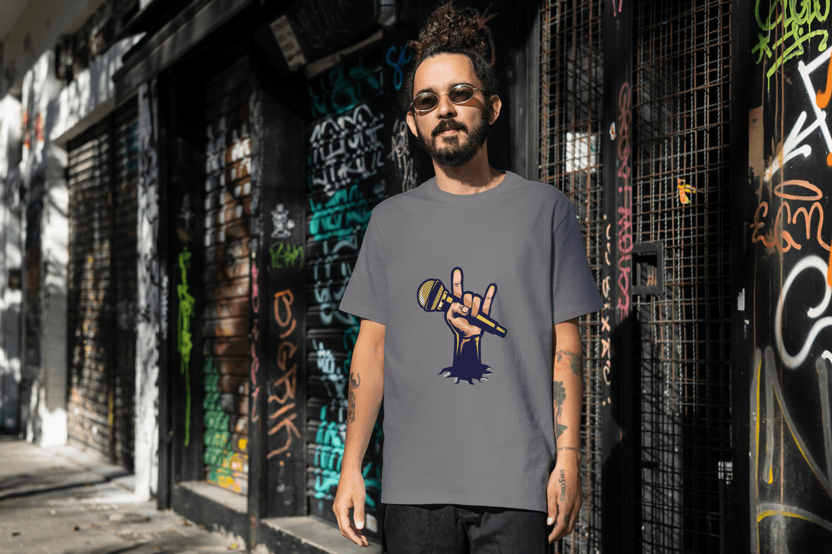 Men's Rock Hand with Mic Tee: Quirky Concert Fan Top - Essentia Attire