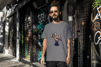 Men's Rock Hand with Mic Tee: Quirky Concert Fan Top - Essentia Attire