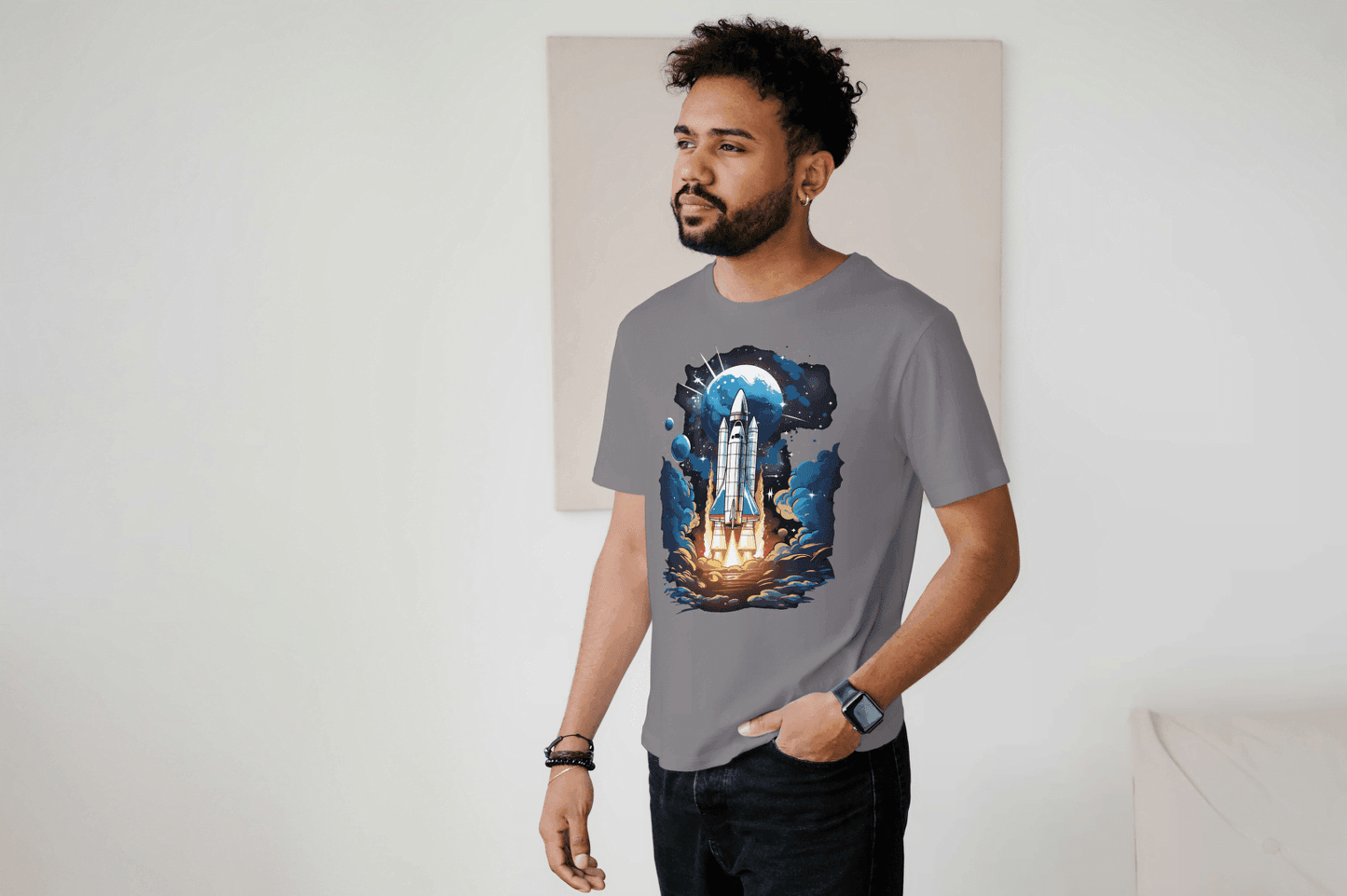 Space Shuttle Launch: Cosmic Nebula Graphic Tee - Essentia Attire