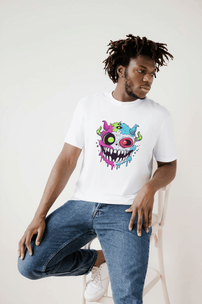 Vibrant Monster Head: Colorful Creature Graphic Tee - Essentia Attire