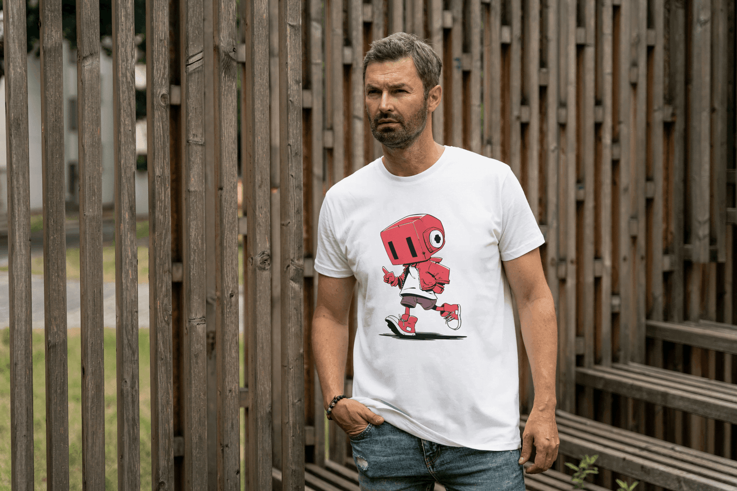 Cute Red Robot: Funny Cartoon Character Tee - Essentia Attire