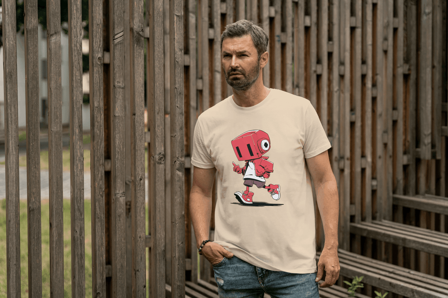 Cute Red Robot: Funny Cartoon Character Tee - Essentia Attire