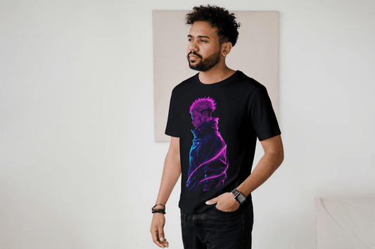 Jujutsu Kaisen Sukuna Neon Art Black T-Shirt - Essentia Attire