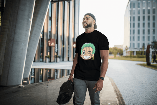 Anime Green Haired Swordsman Winking: Manga Style Fan Tee - Essentia Attire