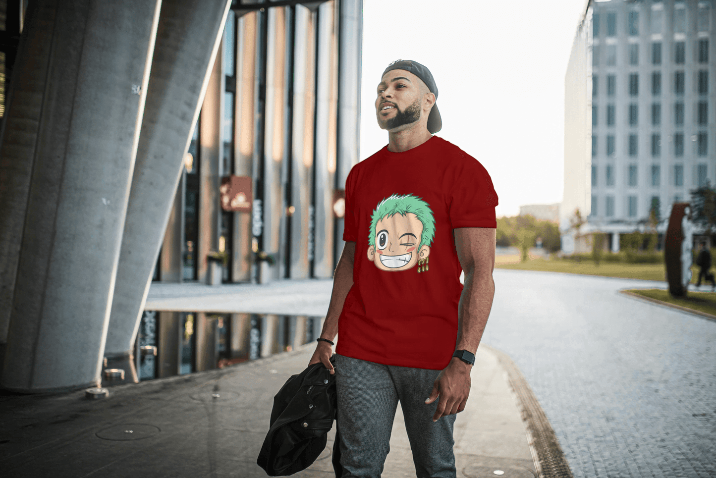 Anime Green Haired Swordsman Winking: Manga Style Fan Tee - Essentia Attire