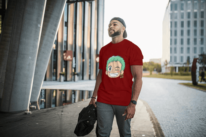 Anime Green Haired Swordsman Winking: Manga Style Fan Tee - Essentia Attire