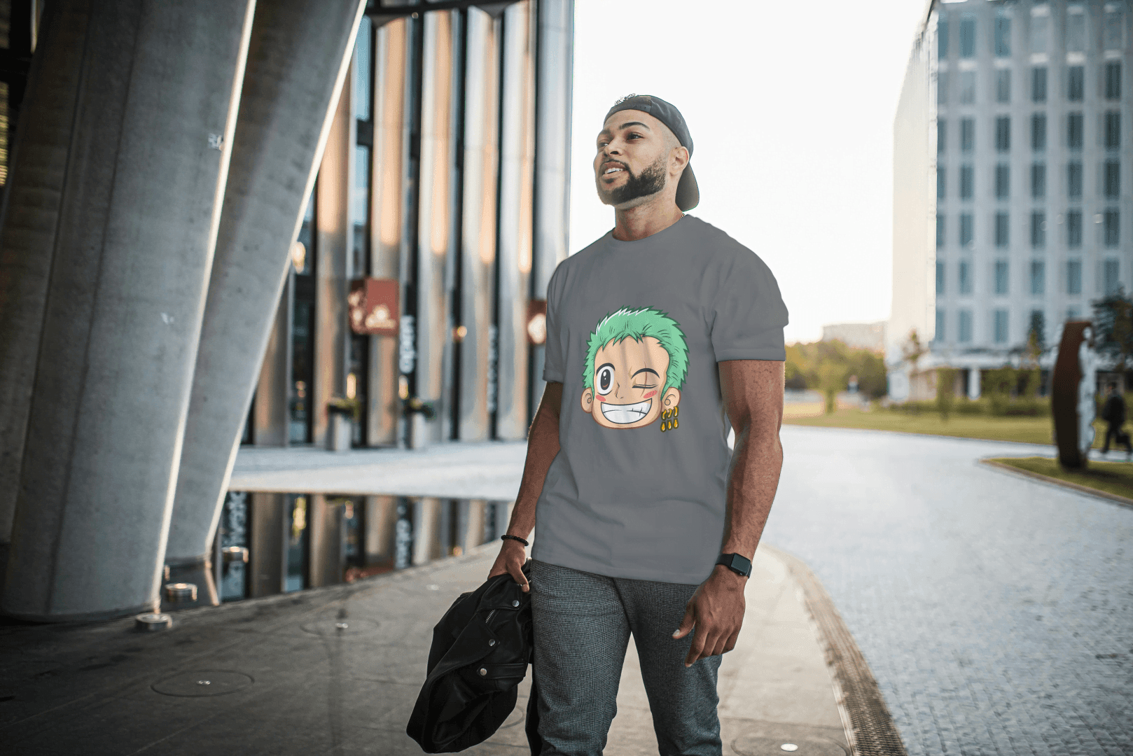 Anime Green Haired Swordsman Winking: Manga Style Fan Tee - Essentia Attire