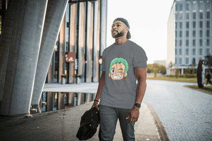 Anime Green Haired Swordsman Winking: Manga Style Fan Tee - Essentia Attire