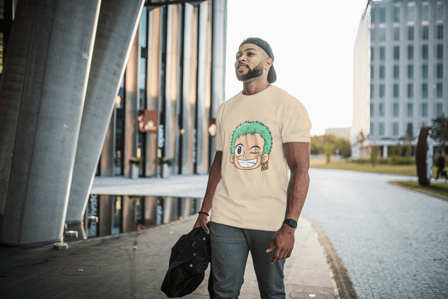 Anime Green Haired Swordsman Winking: Manga Style Fan Tee - Essentia Attire