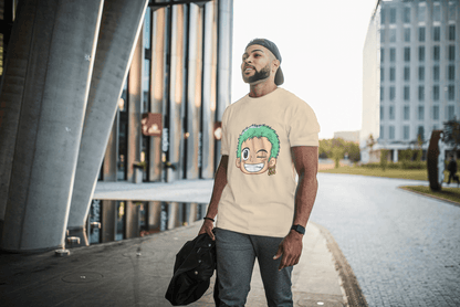 Anime Green Haired Swordsman Winking: Manga Style Fan Tee - Essentia Attire