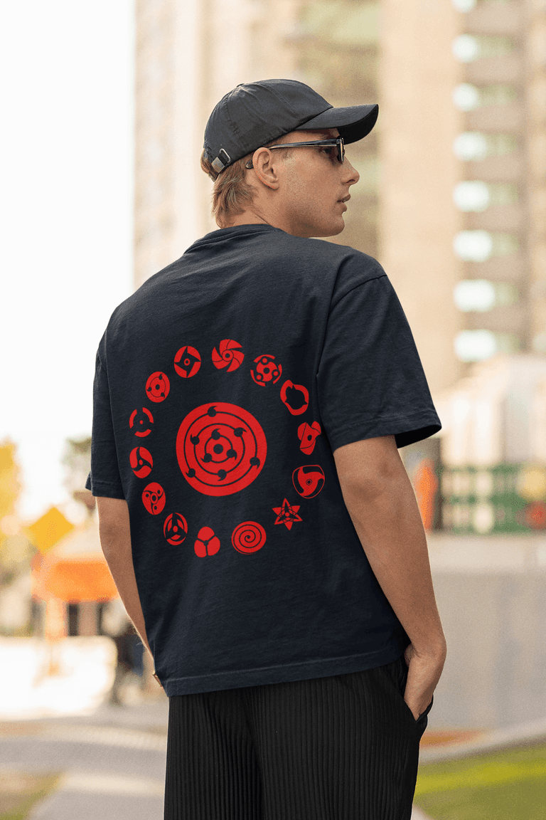 Naruto Mangekyo Sharingan Graphic Oversized T-shirt | Uchiha Clan Chakra Symbols - Essentia Attire