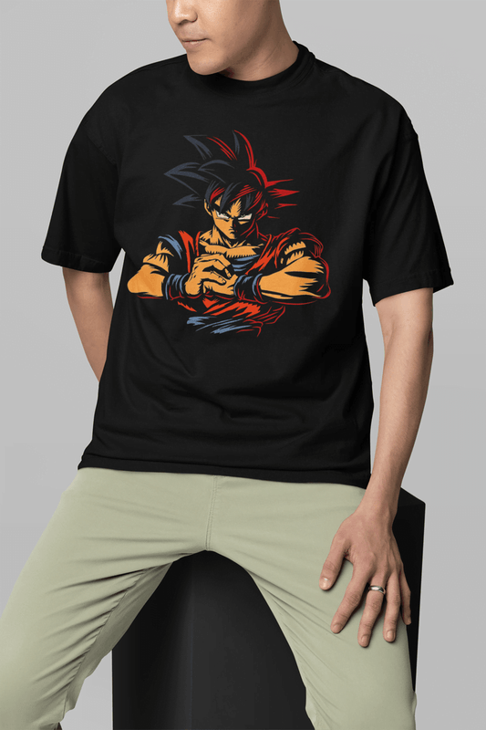 Person wearing a black t-shirt with a colorful graphic design on a gray background