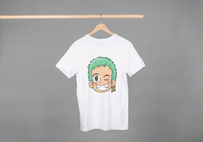 Anime Green Haired Swordsman Winking: Manga Style Fan Tee - Essentia Attire