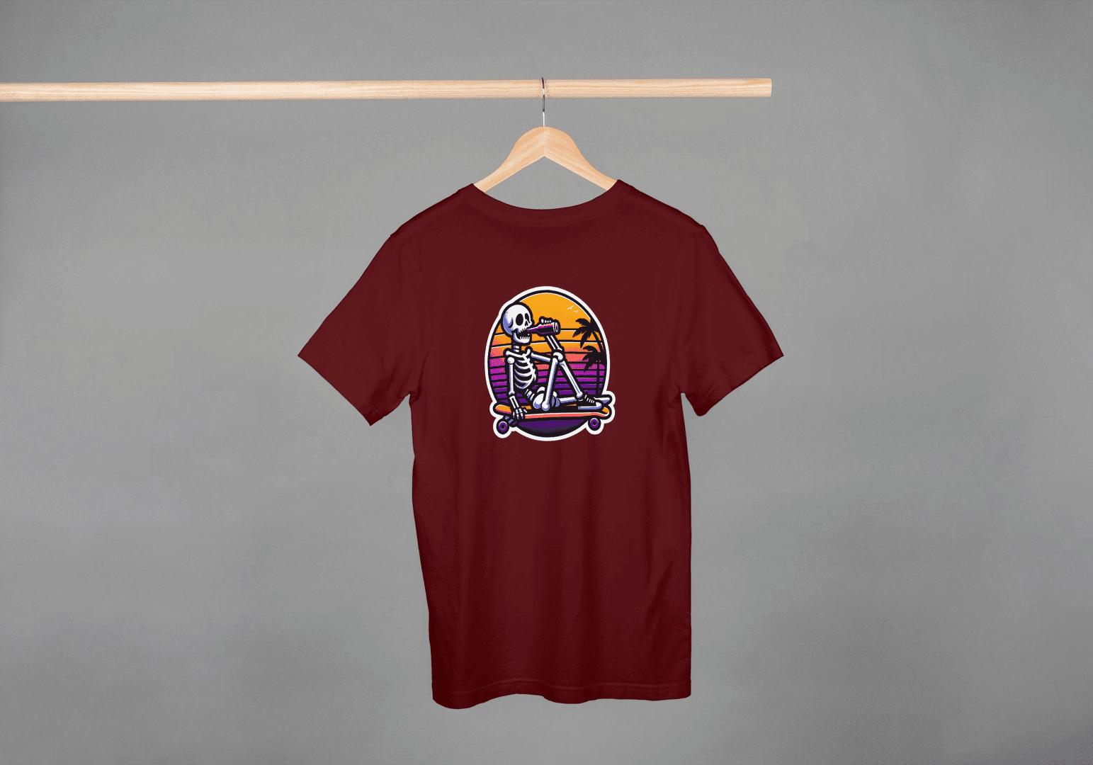 Skateboarding Skeleton Sunset: Retro Skater Skeleton Tee - Essentia Attire