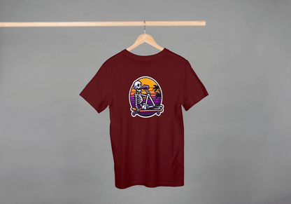 Skateboarding Skeleton Sunset: Retro Skater Skeleton Tee - Essentia Attire